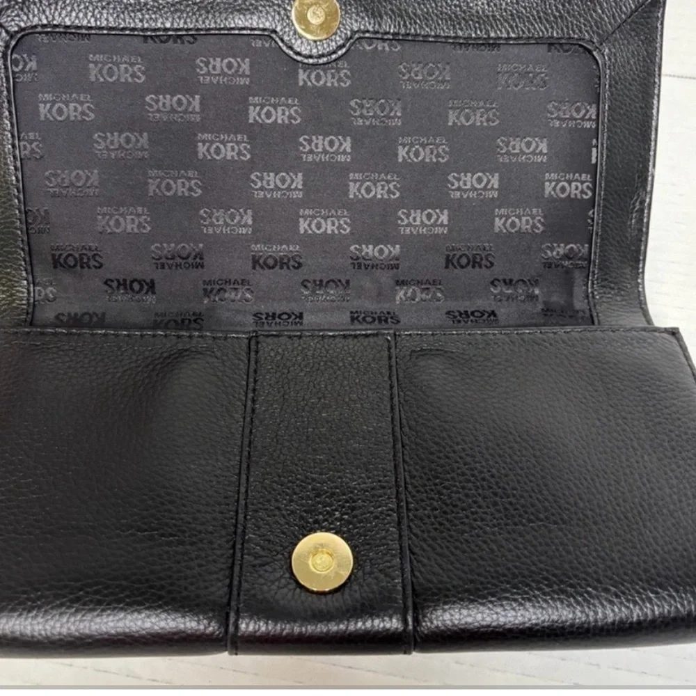 Michael Kors Black Pebbled Leather Large Continental Wallet Gold Buckle Clutch_6